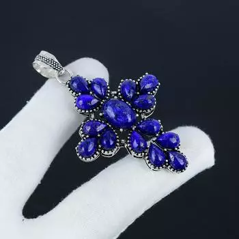 Серебряный крест с натуральным лазуритом из серебра 925 пробы — дизайн в виде груши, повседневная бижутерия, подарок на День святого Валентина 2.95 синий