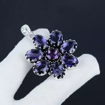 Серебряный кулон-цветок с аметистовым драгоценным камнем из серебра 925 пробы - дизайн груши ручной работы, повседневная бижутерия в виде ваты в подарок 2.36 фиолетовый