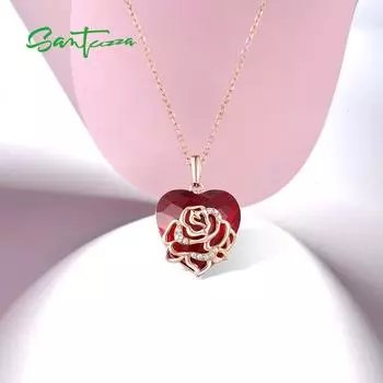 Серебряный кулон для женщин, чистое серебро 925 пробы, красные камни, белый фианит, романтическая роза, кулон в форме сердца, подарки, ювелирные изделия