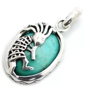 Серебряный кулон Kokopelli с бирюзой 925 пробы, с тегом MA Power Stone [Silver One], мужской (Амулет Хопи)
