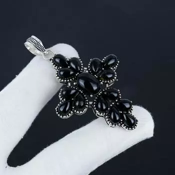 Серебряный кулон-крест из натурального черного оникса, стерлингового серебра 925 пробы — грушевидный дизайн ручной работы, повседневная бижутерия, подарок на вату 2.95 чёрный