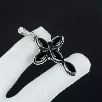 Серебряный кулон-крест с натуральным черным камнем шпинель из серебра 925 пробы — дизайн ручной работы, повседневные украшения, уникальный кулон, подарок на День отца 2.7 чёрный