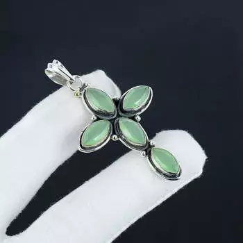 Серебряный кулон-крест с натуральным зеленым халцедоном из стерлингового серебра 925 пробы — дизайн ручной работы, повседневные украшения, уникальный кулон в подарок на день рождения 2.7 зелёный