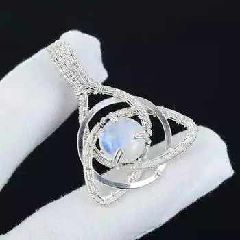 Серебряный кулон Natura Rainbow Moonstone Gemstone из стерлингового серебра 925 пробы — дизайн ручной работы, повседневные украшения в виде кельтского семейного узла, подарок 2.16 белый