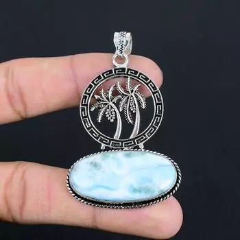 Серебряный кулон Palm Tree Beach Larimar с драгоценными камнями | Серебро 925 пробы | Ожерелье-подвеска | Винтажные украшения ручной работы с подвесками для нее/него