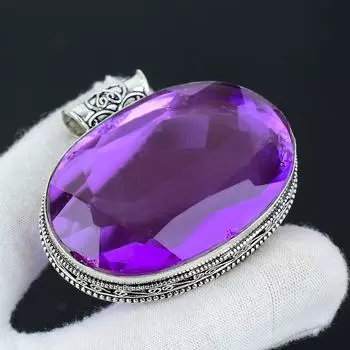 Серебряный кулон с аметистовым драгоценным камнем, большой, из стерлингового серебра 925 пробы — дизайн ручной работы, повседневные украшения, уникальный кулон, подарок на День благодарения 36 фиолетовый