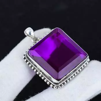 Серебряный кулон с аметистовым камнем из стерлингового серебра 925 пробы — квадратный дизайн ручной работы, идеально подходит для подарков и повседневного ношения, ювелирное украшение, подарок на День святого Валентина 6 Cm фиолетовый