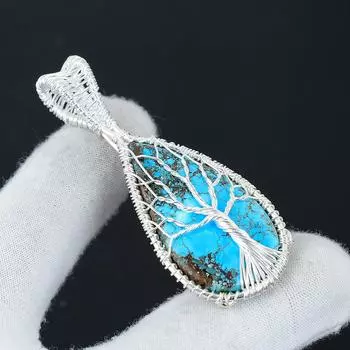 Серебряный кулон с бирюзовым камнем из стерлингового серебра 925 пробы — дизайн ручной работы с проволочной обмоткой, повседневное украшение, уникальный кулон в подарок на Пасху 2.36 зелёный