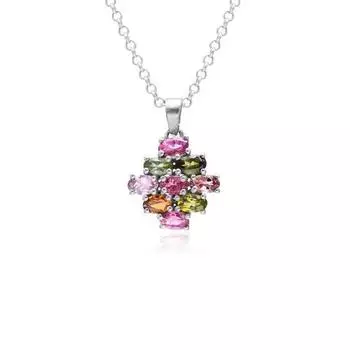 Серебряный кулон с драгоценным камнем ААА+ с турмалином ~ Ожерелье с натуральным мультитурмалином