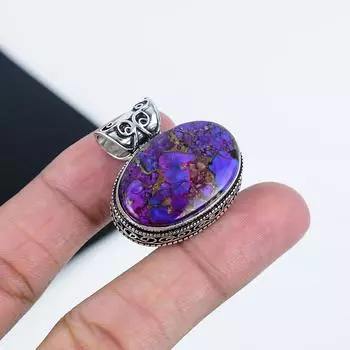 Серебряный кулон с фиолетовым медным бирюзовым камнем из стерлингового серебра 925 пробы — овальный дизайн ручной работы, повседневное ювелирное украшение в подарок жене 1.5 фиолетовый