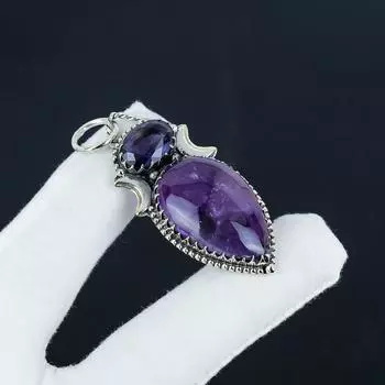 Серебряный кулон с натуральным аметистом из стерлингового серебра 925 пробы — дизайн ручной работы, повседневная одежда, подарок на помолвку 2.35 фиолетовый