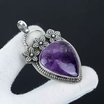 Серебряный кулон с натуральным аметистом из стерлингового серебра 925 пробы - дизайн с цветами ручной работы, повседневные украшения, уникальный подарок-подвеска для любимого человека 2.55 фиолетовый