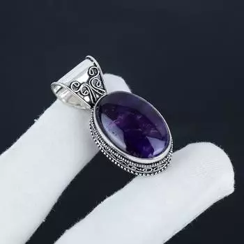Серебряный кулон с натуральным аметистом из стерлингового серебра 925 пробы — овальный дизайн ручной работы, повседневное украшение, подарок на день рождения 1.96 фиолетовый