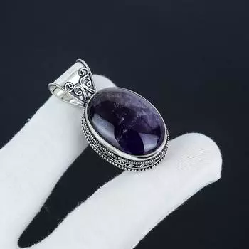 Серебряный кулон с натуральным аметистом из стерлингового серебра 925 пробы — овальный дизайн ручной работы, повседневное украшение, подарок на помолвку 1.96 фиолетовый