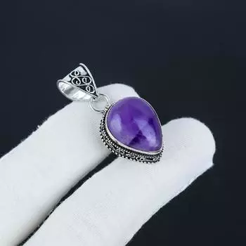 Серебряный кулон с натуральным аметистом, камень рождения, из стерлингового серебра 925 пробы - дизайн груши ручной работы, повседневное украшение, подарок на годовщину 1.77 фиолетовый