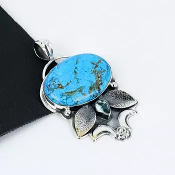 Серебряный кулон с натуральным бирюзовым и голубым топазом из серебра 925 пробы — дизайн ручной работы, повседневные украшения, уникальный кулон, подарок на День благодарения 2.55 синий