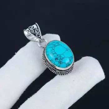 Серебряный кулон с натуральным бирюзовым камнем из стерлингового серебра 925 пробы — овальный дизайн ручной работы, повседневное украшение в подарок любимому человеку 1.95 синий