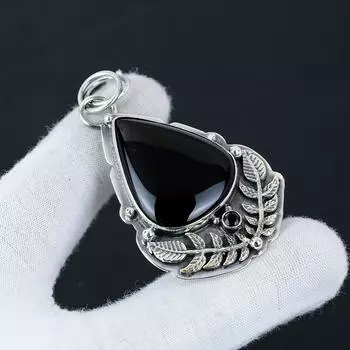 Серебряный кулон с натуральным черным ониксом из стерлингового серебра 925 пробы — дизайн ручной работы, повседневные украшения, уникальный черный кулон на позвоночник в подарок для мамы 2.36 чёрный