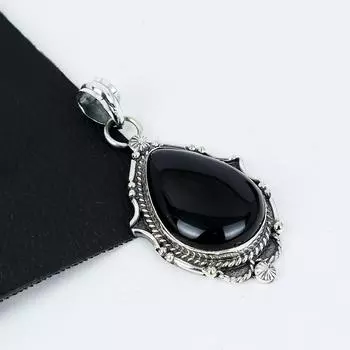 Серебряный кулон с натуральным черным ониксом из стерлингового серебра 925 пробы — дизайн ручной работы, повседневные украшения, уникальный кулон в подарок 2.55 чёрный