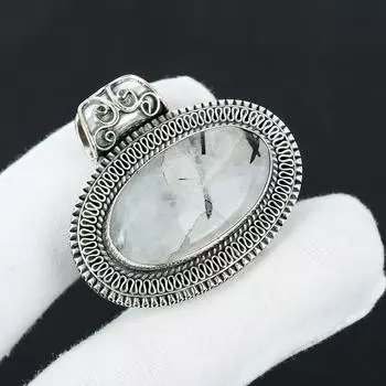 Серебряный кулон с натуральным черным рутиловым драгоценным камнем из стерлингового серебра 925 пробы — дизайн ручной работы, повседневные украшения, антикварные кулоны в подарок для нее 2.36 чёрный