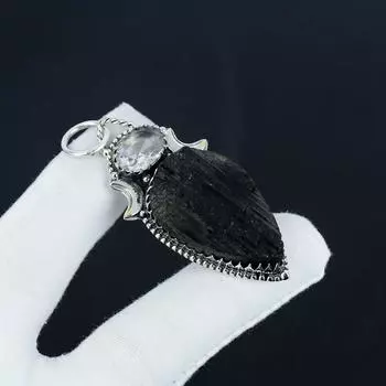 Серебряный кулон с натуральным черным турмалином и белым топазом из стерлингового серебра 925 пробы — дизайн ручной работы, повседневное украшение, подарок на день рождения 2.35 чёрный