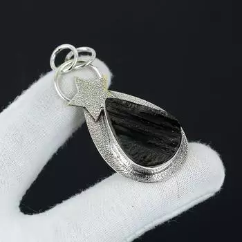 Серебряный кулон с натуральным черным турмалином из стерлингового серебра 925 пробы — дизайн в виде звезды ручной работы, повседневные украшения, уникальный кулон в подарок на День отца 2.55 чёрный