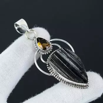 Серебряный кулон с натуральным черным турмалином из стерлингового серебра 925 пробы — дизайн ручной работы, повседневные украшения, уникальный подарок с медовым топазом 2.55 чёрный