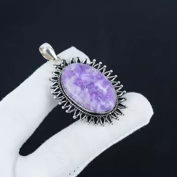 Серебряный кулон с натуральным драгоценным камнем лепидолитом из стерлингового серебра 925 пробы — овальный дизайн ручной работы, повседневная бижутерия, подарок на вату 2.16 фиолетовый