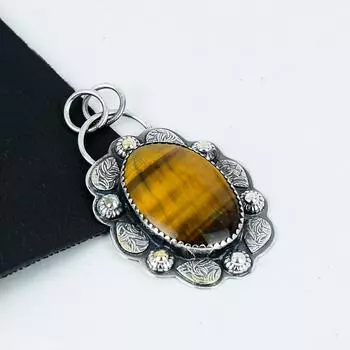 Серебряный кулон с натуральным драгоценным камнем тигровый глаз из стерлингового серебра 925 пробы — дизайн ручной работы, повседневные украшения, уникальный кулон, подарок на День благодарения 2.55 коричневый