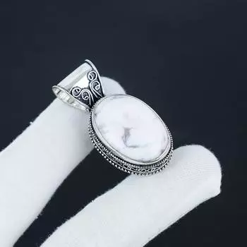Серебряный кулон с натуральным драгоценным камнем Хаулит из стерлингового серебра 925 пробы — овальный дизайн ручной работы, повседневное украшение, подарок на помолвку 1.96 белый
