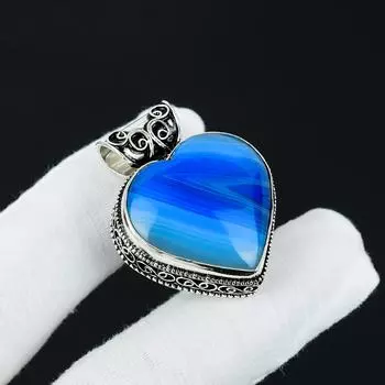 Серебряный кулон с натуральным голубым ботсванским агатом из серебра 925 пробы — дизайн в форме сердца ручной работы, повседневные украшения, уникальные пасхальные подарки в виде кулона 2.16 синий