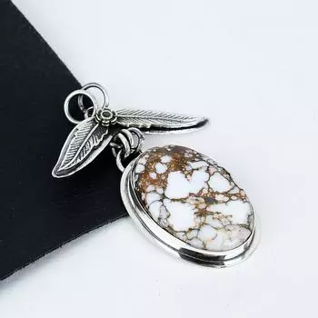 Серебряный кулон с натуральным камнем дикой лошадиной яшмы из стерлингового серебра 925 пробы — дизайн ручной работы, повседневные украшения, уникальные кулоны, подарки для вечеринок 2.36 белый