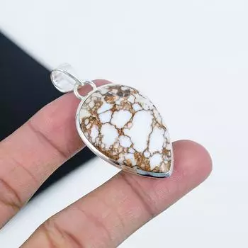 Серебряный кулон с натуральным камнем дикой лошадиной яшмы из стерлингового серебра 925 пробы — дизайн груши ручной работы, повседневное ювелирное украшение в подарок для нее 2.16 белый