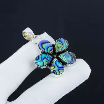 Серебряный кулон с натуральным камнем-ракушкой из стерлингового серебра 925 пробы - цветочный дизайн ручной работы, повседневная бижутерия, подарок на вату 1.95 синий