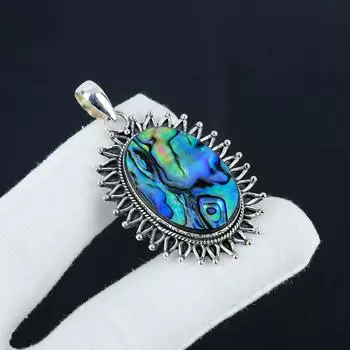 Серебряный кулон с натуральным камнем-ракушкой из стерлингового серебра 925 пробы — овальный дизайн ручной работы, повседневное ювелирное украшение в подарок для нее 2.16 синий