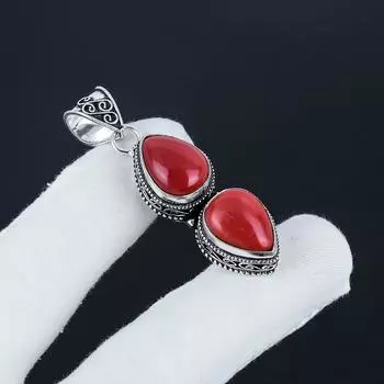 Серебряный кулон с натуральным красным кораллом из стерлингового серебра 925 пробы - дизайн груши ручной работы, повседневная одежда, подарок на день рождения 2.35 красный