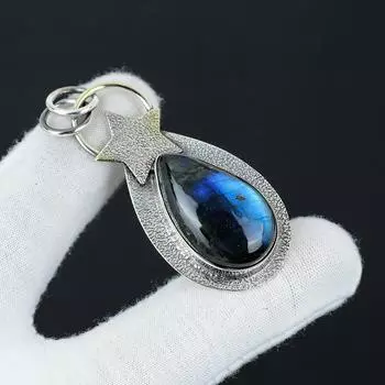 Серебряный кулон с натуральным лабрадоритом из стерлингового серебра 925 пробы — дизайн в виде звезды ручной работы, повседневные украшения, уникальный кулон в виде ваты в подарок 2.55 синий