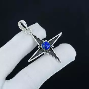 Серебряный кулон с натуральным лазуритом из стерлингового серебра 925 пробы — дизайн звезды ручной работы, повседневные украшения, уникальные дизайнерские подарочные подвески 1.57 синий