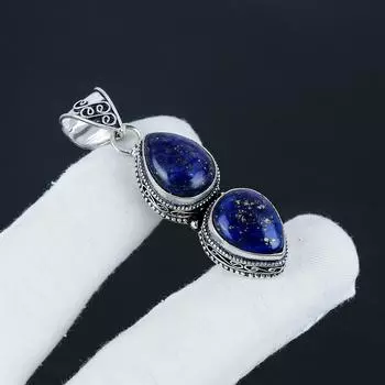Серебряный кулон с натуральным лазуритом из стерлингового серебра 925 пробы — грушевидный дизайн ручной работы, повседневное украшение, подарок на помолвку 2.35 синий