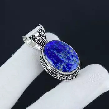 Серебряный кулон с натуральным лазуритом из стерлингового серебра 925 пробы — овальный дизайн ручной работы, повседневное украшение, подарок на помолвку 1.96 синий