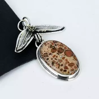 Серебряный кулон с натуральным леопардовым принтом и драгоценным камнем яшмой из стерлингового серебра 925 пробы — дизайн ручной работы, повседневные украшения, уникальные кулоны, подарки для вечеринок 2.36 оранжевый