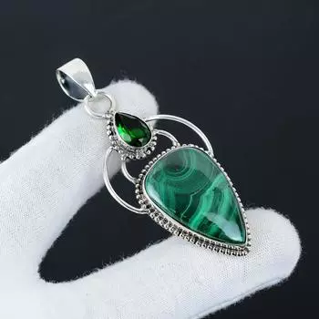 Серебряный кулон с натуральным малахитом из серебра 925 пробы — дизайн ручной работы, повседневные украшения, уникальный подарок с зеленым турмалином 2.55 зелёный