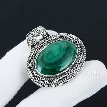 Серебряный кулон с натуральным малахитом из стерлингового серебра 925 пробы — дизайн ручной работы, повседневные украшения, антикварные кулоны в подарок маме 2.36 зелёный