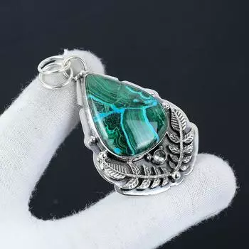 Серебряный кулон с натуральным малахитом, серебро 925 пробы — дизайн ручной работы, повседневные украшения, уникальный кулон с белым топазом, пасхальный подарок 2.36 зелёный