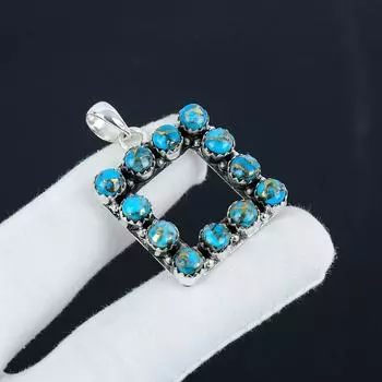 Серебряный кулон с натуральным медно-бирюзовым драгоценным камнем из серебра 925 пробы — дизайн ручной работы, повседневные украшения, уникальный кулон в подарок 2.30 синий