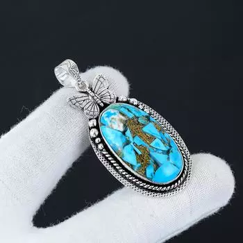 Серебряный кулон с натуральным медно-бирюзовым драгоценным камнем из стерлингового серебра 925 пробы — дизайн бабочки ручной работы, повседневные украшения, уникальный кулон в подарок 2.16 зелёный