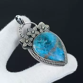 Серебряный кулон с натуральным неоново-голубым апатитом из стерлингового серебра 925 пробы — цветочный дизайн ручной работы, повседневные украшения, уникальный кулон в подарок 2.55 синий