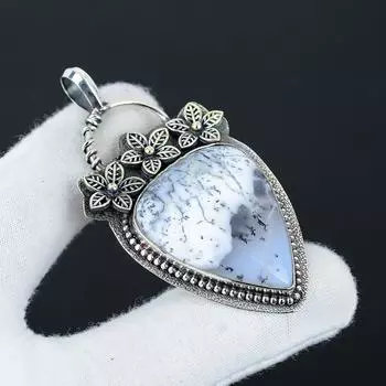 Серебряный кулон с натуральным опалом-дендритом из стерлингового серебра 925 пробы — цветочный дизайн ручной работы, повседневные украшения, уникальный кулон, подарок на День благодарения 2.55 белый