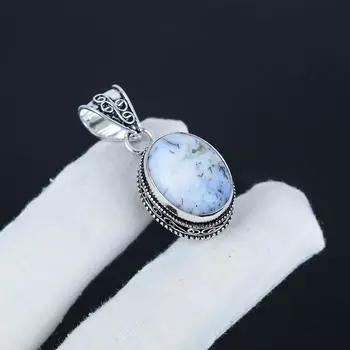 Серебряный кулон с натуральным опалом и дендритом из стерлингового серебра 925 пробы — овальный дизайн ручной работы, повседневное ювелирное украшение в подарок любимому человеку 1.95 белый