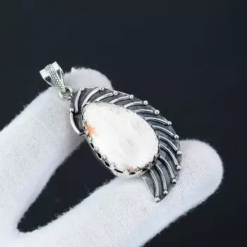 Серебряный кулон с натуральным оранжевым сколецитом из стерлингового серебра 925 пробы — дизайн ручной работы, повседневные украшения, уникальный кулон в подарок на Пасху 2.36 белый